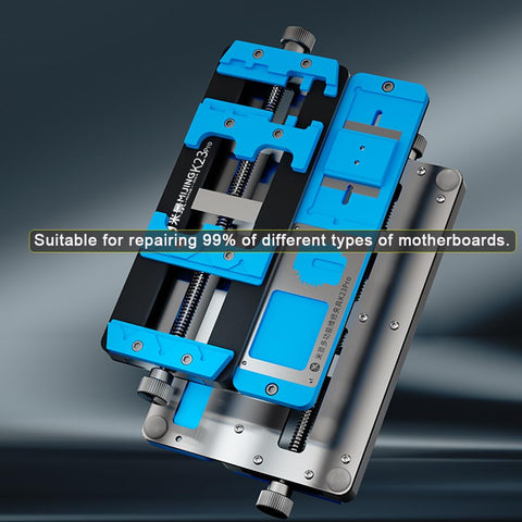 PCB Fixing Holder IC Chip Maintenance Fixture All In One Circuit Board Repair Station with dual axis clamps and blue design.