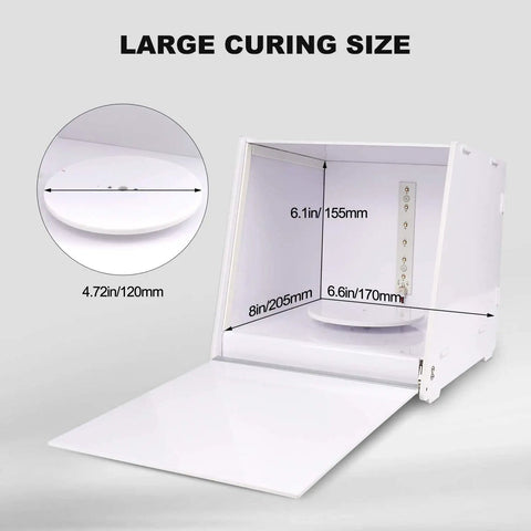 Open 405nm UV Resin Curing Box With Six High Power LEDs Electric Turntable showcasing dimensions for SLA DLP LCD 3D printers