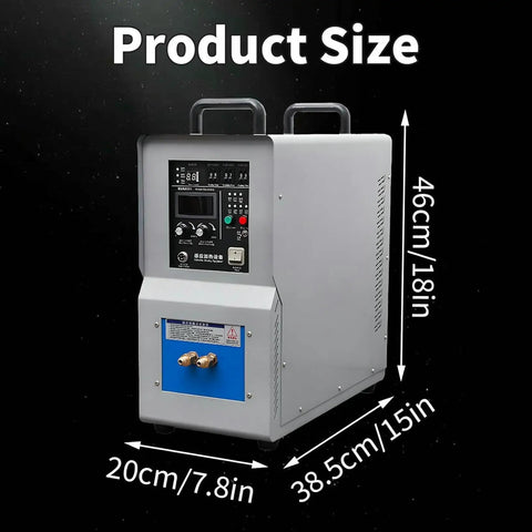 Pro Grade Dead Nuts Tough 15KW High Frequency Induction Heater For Steel Melting And Metal Quenching Welding With Smart Water Temp Guard and Advanced Variable Control, size dimensions displayed.