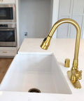 Brushed Gold Brass Kitchen Dishwasher Air Gap Cap Replacement next to faucet, 1.625 Inch Brass Cap, complements copper look