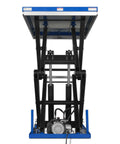 Huge 4400 Lb Wireless Remote Hydraulic Scissor Lift Table showing hydraulic lift mechanism and motor for heavy lifting jobs.