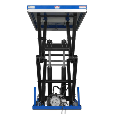 Huge 4400 Lb Wireless Remote Hydraulic Scissor Lift Table showing hydraulic lift mechanism and motor for heavy lifting jobs.