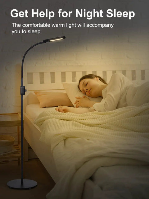 Go-To Floor Lamp With Stepless Dimmer And 3 Color Temperature Modes in bedroom next to bed, flexible gooseneck for easy adjustment.