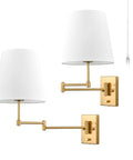 Gold Swing Arm Wall Lamp With Brass Finish And Linen Shade Two Pack Plug In or Hardwired for Bedroom Beside Reading Light