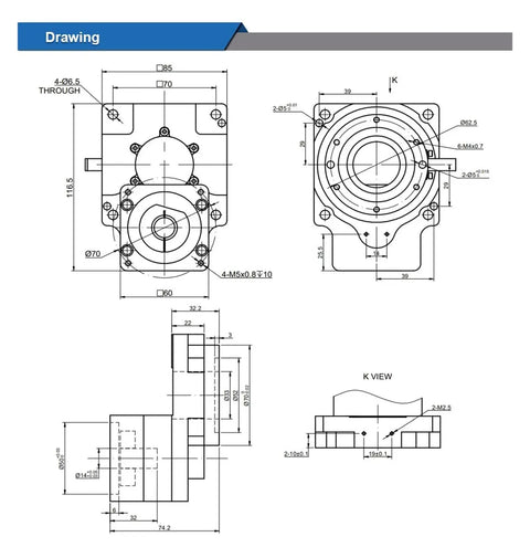 Technical drawing of Heavy Duty 85mm Hollow Rotary Actuator showing dimensions for precise industrial automation applications.