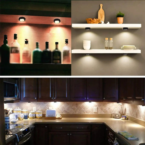 13 Color LED Puck Lights With Remote Control Wireless Battery Powered Stick On Under Cabinet Lighting in kitchen and shelves