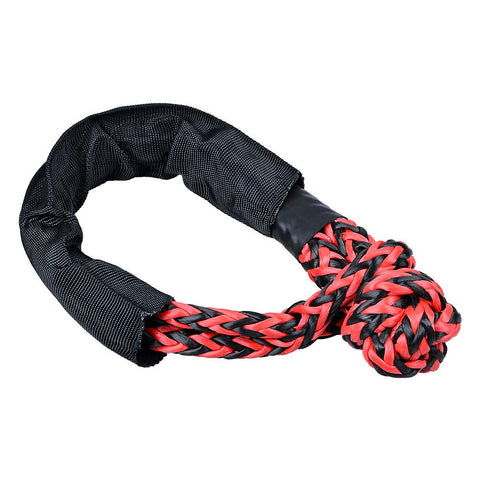 Heavy Duty Synthetic Soft Shackles With Black Red Protective Sleeve Four Pack Plus Two Recovery Rings 38000 Lbs Shackles And 41000 Lbs Rings For Off Road Rigs ATV UTV SUV Trucks Marine Farming Industrial, showing a single shackle with red and black synthetic fiber and protective sleeve
