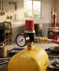 Air Compressor Pressure Regulator Replacement AB-9051114 For Bostitch Husky Hitachi Craftsman installed on yellow tank