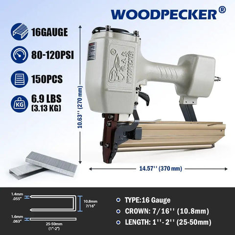 Sixteen Gauge Seven Sixteenth Inch Medium Crown Construction Stapler shown with metal build and aluminum housing