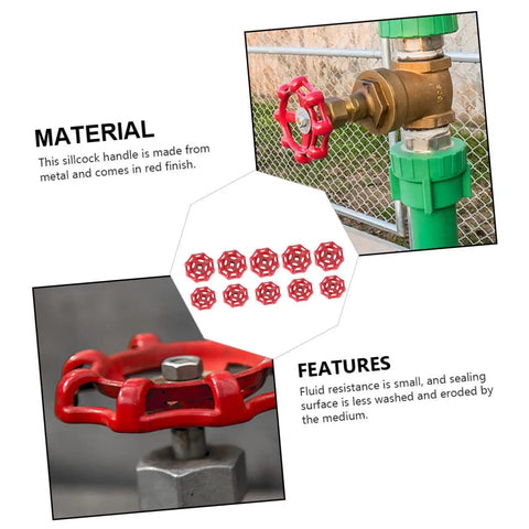 10 Pack Cast Iron Shutoff Hand Wheel Handles For Water Lines shown in use and detailed close-up, red color
