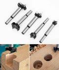 Drill bit set, 5-piece 15–35mm self-centering hinge bits for woodworking; silver shafts with black ends