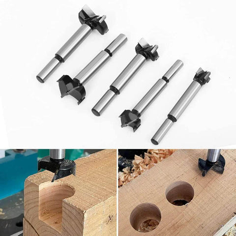 Drill bit set, 5-piece 15–35mm self-centering hinge bits for woodworking; silver shafts with black ends