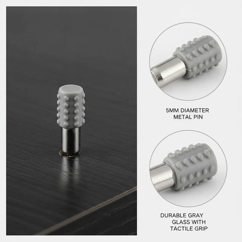 Heavy Duty L-Shaped Shelf Pegs for Cabinets and Wardrobes, Gray Glass Pins Fit 5mm Holes, shown in detail