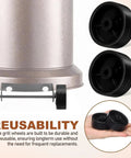 Universal Patio Heater Wheel Kit 4 Pack 97mm Black Casters For Outdoor Gas Heaters And Storage Racks Easy Mobility Replacement Wheels Durable Reusable, showing close-up of wheels and usage example