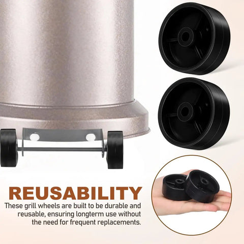 Universal Patio Heater Wheel Kit 4 Pack 97mm Black Casters For Outdoor Gas Heaters And Storage Racks Easy Mobility Replacement Wheels Durable Reusable, showing close-up of wheels and usage example