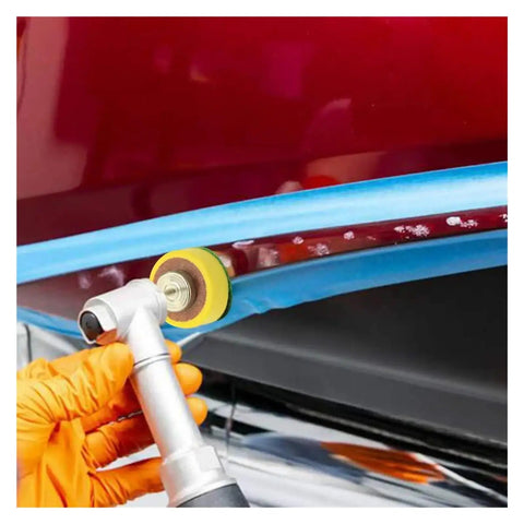 Check Out This Awesome 1 Inch Sanding Discs Kit with Pad Set For Rotary Tool Featuring Peel Switch Backing Plus Dust Venting Holes And Uniform Scratch Finish For Super Clean Work In Just Seconds, applying disc on a car edge.