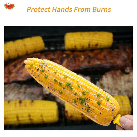 Stainless Steel Corn On The Cob Holders Set Of Ten for grilling, shown in use on corn cob over barbecue
