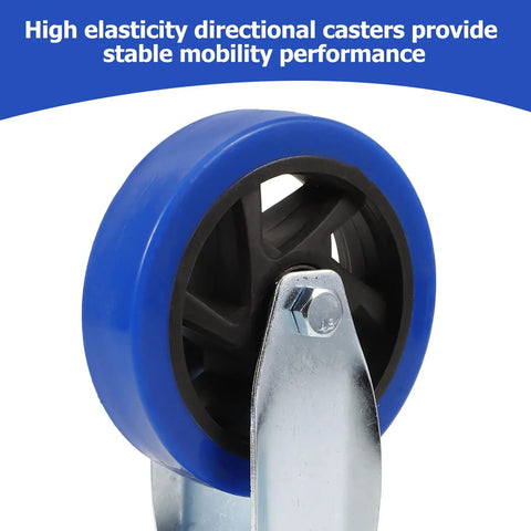 Hassle Free Heavy Duty Directional Plate Casters Featuring 5 Inch Black Rubber Wheels And Silent Non Swivel Design For Dead Simple Rolling On Trolleys Workbenches And Shop Carts, blue elastic wheel close-up
