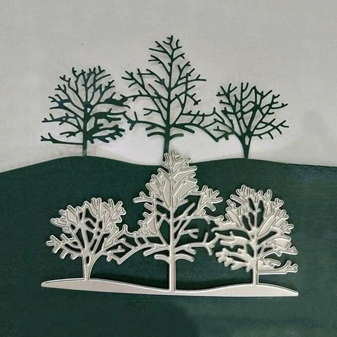 Silver Tree Metal Die Cuts Set For Card Making And Scrapbooking, Forest Theme Cutting Dies on green background