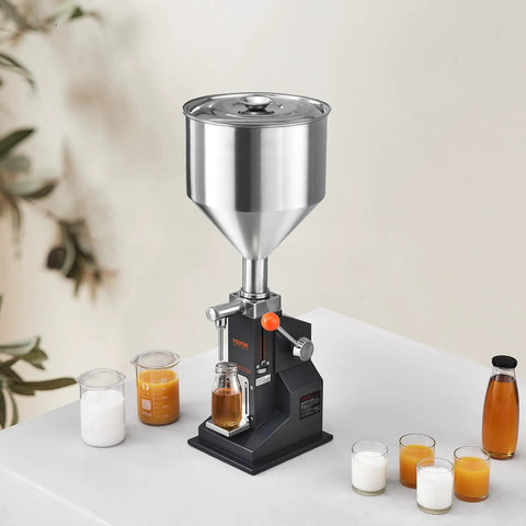 Easy Pull Down Manual Liquid Filler With 10 Liter Hopper And Adjustable 5 To 50 Ml Settings For Smooth Bottling Of Juice Shampoo Honey And Hobby Crafts Built Tough And Reliable on a workbench with various containers.