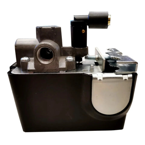 Beefed Up Replacement Pressure Switch Compatible With Porter Cable Air Compressors 105 To 135 Psi Dual Voltage 120 240 Volt 26 Amp 4 Port Quick Connect Fitting Runs Smooth Through The Grind side view of pressure switch with black housing and metal components