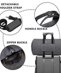 Convertible garment duffel bag with detachable strap, handle buckle, and zipper buckle for versatile travel use.