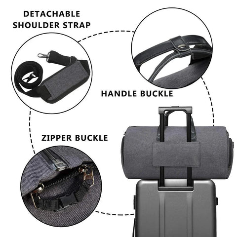 Convertible garment duffel bag with detachable strap, handle buckle, and zipper buckle for versatile travel use.