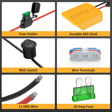 Battery Adapter For RC Toys And Projects With Switch Terminals Fuse Holder 30A Fuses And 12AWG Wire Heat Resistant ABS Converter