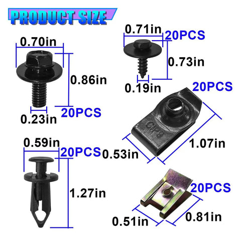 100Pcs Universal Car Body Screws And Bolts Assortment Kit With Plastic Rivet U Clamps showing various sizes and types of fasteners.