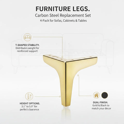 Replacement T Shaped Carbon Steel Furniture Legs Set for Sofa Cabinet and Table Frames with gold and black dual finish