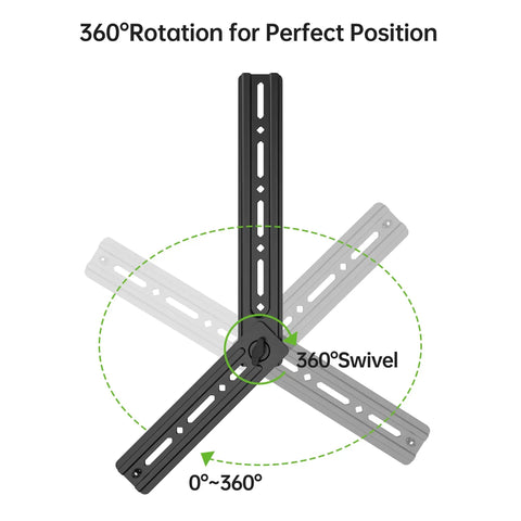 Rock Solid Soundbar Mount Bracket Adjustable Above Or Under TV showing 360° rotation and swivel for optimal positioning.