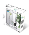 Packaging box for Tile Shower Niche Shelf 17x17 Inches with dimensions and plant decoration visible.