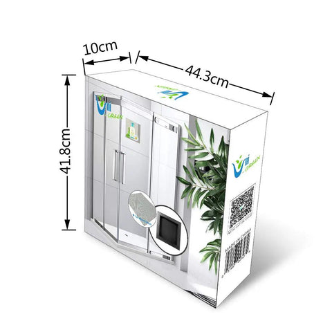 Packaging box for Tile Shower Niche Shelf 17x17 Inches with dimensions and plant decoration visible.