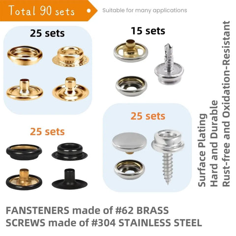 Must Have All In One Snap Fasteners Kit With 90 Sets And Screws, 15mm Heavy Duty Metal Snaps showing gold, black, and silver components