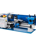 Top Tier 8 By 30 Inch Mini Precision Metal Lathe Machine With 750 Watt Variable Speed Control and Digital Display Readout, side view.