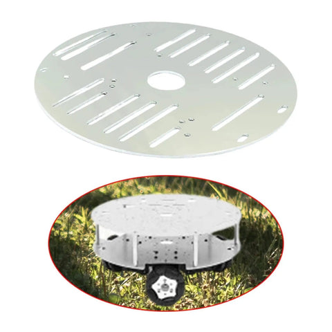 Aluminum Alloy 4WD Robot Car Chassis Base Plate 10.04 By 5.91 Inch Round Platform shown separately and on grass