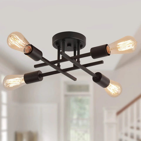 Four Light Black Semi Flush Mount Ceiling Light With Industrial Mid Century Vibe For Hallway Bathroom Bedroom Kitchen Dining Room Porch And Laundry UL Listed