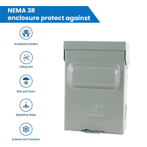 Weatherproof Non-Fusible AC Disconnect Switch 60A 240V 1-Phase Metal Enclosure N3R, protection features shown