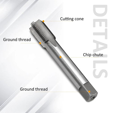 Close-up of Nine Sixteenth Inch HSS Tap Set For Bicycle Crank Repair showcasing cutting cone, ground thread, and chip chute.
