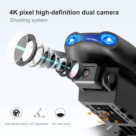 Close-up of dual 4K camera system on quadcopter showcasing lens components, highlighting 1080P Dual HD Camera FPV Quadcopter features.