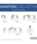 Hansford Collection light fixtures with clear glass globes in polished nickel, featuring varied sizes and configurations.