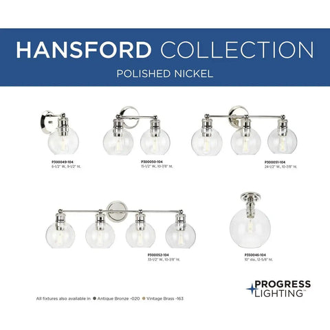 Hansford Collection light fixtures with clear glass globes in polished nickel, featuring varied sizes and configurations.