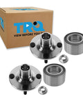 Front And Rear Wheel Bearing And Hub Kit Two Piece Set For Ford Escort 1991-2002 Mazda 323 1990-1994 Miata 1990-2005 MX 3 1992-1995 Protege 1990-2003 Mercury Tracer 1991-1999 next to packaging box