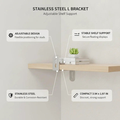 Stainless Steel L Bracket for Floating Shelves and Cabinets, Adjustable Wall Mount Support 3.94 X 1.97 Inch Silver 1 Pack installed on wall