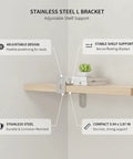 Stainless Steel L Bracket For Floating Shelves And Wall Mounted Desks, Heavy Duty Adjustable Support, shown with stable shelf