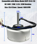 Brushless DC Indoor Fan Motor For Air Conditioners 140V 20W 0.2A CCW 1600 RPM Fits Midea AC Replacement 8 Pin Connector Plug And Play High Efficiency Quiet Operation shown in image with dimensions.