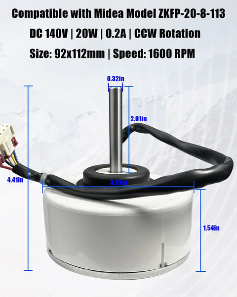 Brushless DC Indoor Fan Motor For Air Conditioners 140V 20W 0.2A CCW 1600 RPM Fits Midea AC Replacement 8 Pin Connector Plug And Play High Efficiency Quiet Operation shown in image with dimensions.
