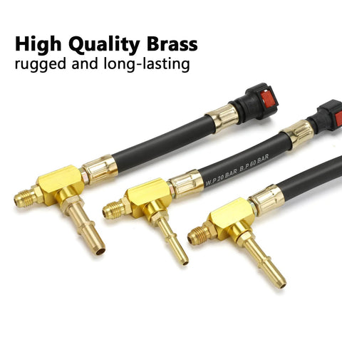 Automotive fuel pressure test hose set with brass adapters and red quick-connect ends (3 hoses)