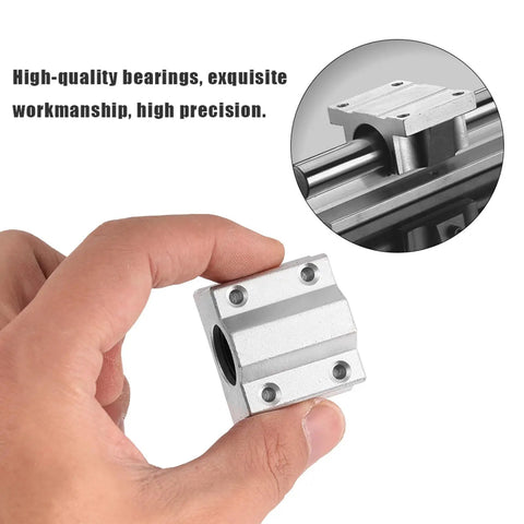 Heavy Duty SCS8UU Linear Ball Bearing Blocks 4 Pack for CNC Routers and 3D Printers with 8Mm Bore held in hand.
