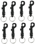 Eight black plastic swivel snap keychain clips with metal key rings.